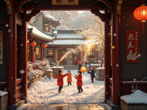 新年仪式感照片，传统装饰背景，庄重氛围，正式服装，文化传承