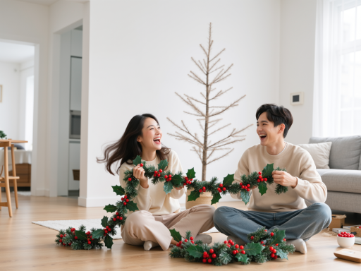 新年情侣合影，红色服装，背景有灯笼装饰，浪漫氛围，甜蜜表情