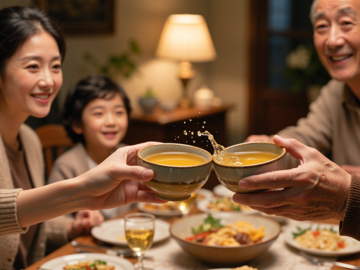 新年家庭合影，三代同堂的温馨场景，红色背景，温暖灯光，全家福拍摄