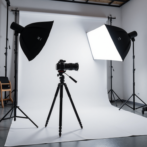 专业摄影师头像，男性，三十岁左右，黑色西装，专业眼神，摄影工作室背景